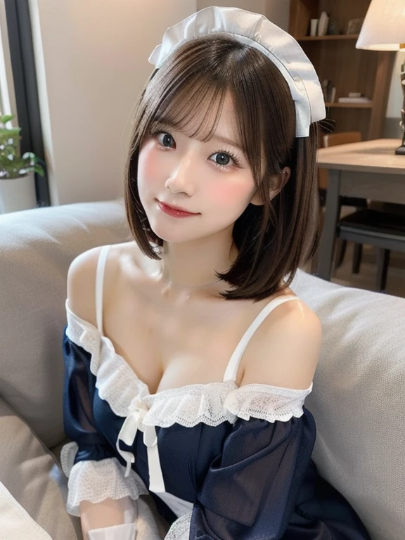 whole body, highest quality, shape, Very detailed, In detail, High resolution, 8k wallpaper, Perfect dynamic composition, Beautiful details, Blue Maid Outfit,Medium Hair, Center of chest, Natural color lip, Random sexy poses,smile,maid Cafe，Small hair ornament，