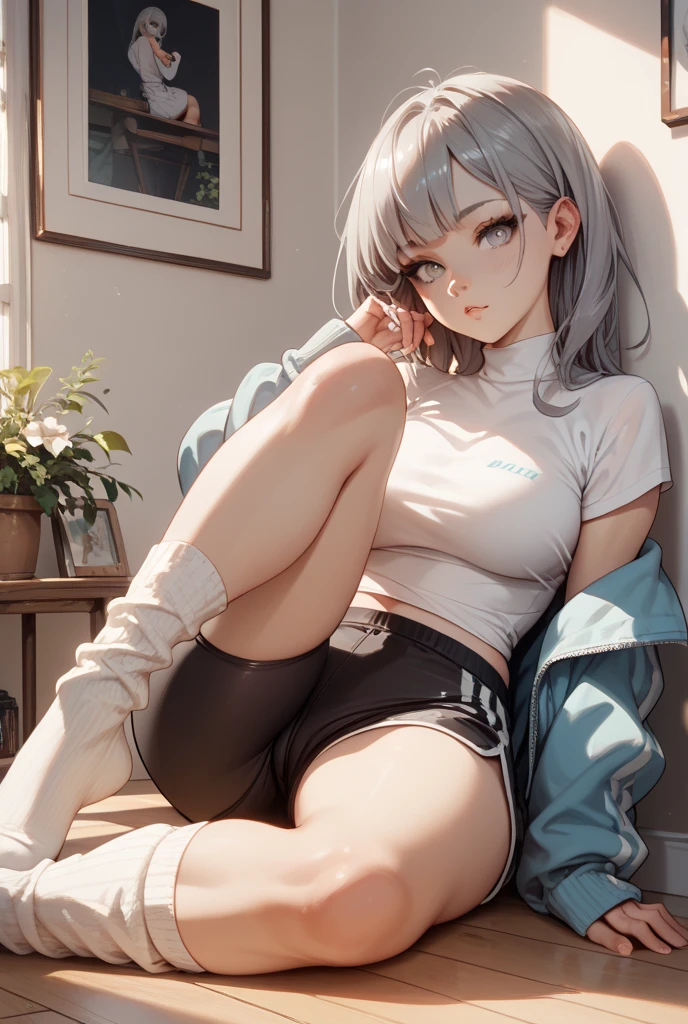 Evening light,Crowds of people around,15 year old girl,There is a guy with short white hair on the ground in the park、Girl wearing white tight sports butt-revealing skirt.,Peerless beauty,perfect face,Perfect body,pink skin under thong, exposed navel,legs spread,spread your legs,The thighs are very thin,The calves are very thin,动漫女孩legs spread,White sweat on inner thighs,White sweat on the abdomen,put hands on head,armpit,lying on the sofa, very sexy pose, lie on the floor, lying down, lie flat, beautiful anime girl, Anime Barbie wearing white knee-high socks, pretty face,small breasts,Wear a white sports bra,cover upper breast, smooth pink skin,strangulation marks,sweat,wet,(facial)blush,Open your mouth