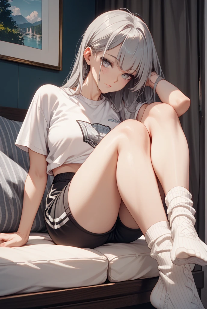 A Japanese girl named Eva, with grey hair cascading down her back in a long, elegant ponytail, lounges comfortably on her bed. The room around her is filled with a soothing, pastel color palette, providing a calming contrast to the chill of the air that seems to seep from her grey hair.
Eva wears a simple black T-shirt, its fabric smooth and unblemished, hugging her slender figure in all the right places. The hemline of the T-shirt peeks out from beneath the hem of a white mini skirt, which rests gently on her thighs. She pairs the outfit with a pair of crimson heels, their vibrant h