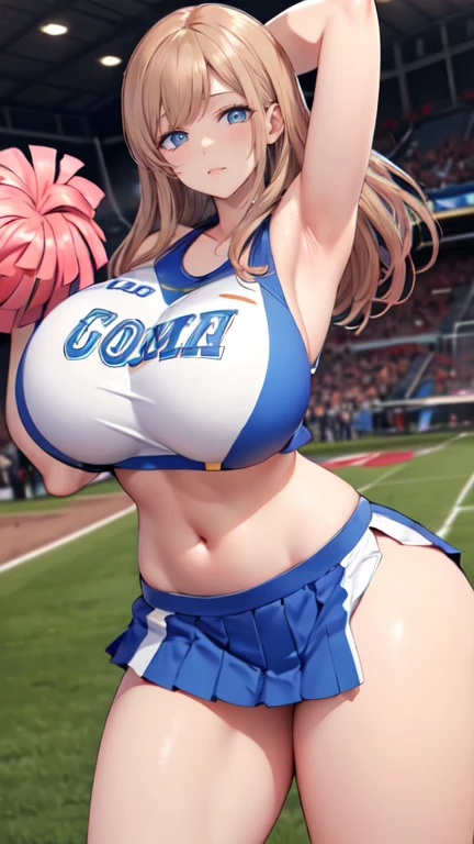 sagging breasts,mature female,smile,huge breasts, gigantic breasts,long breasts, (((face focus))),cowboy shot,Cheerleader
