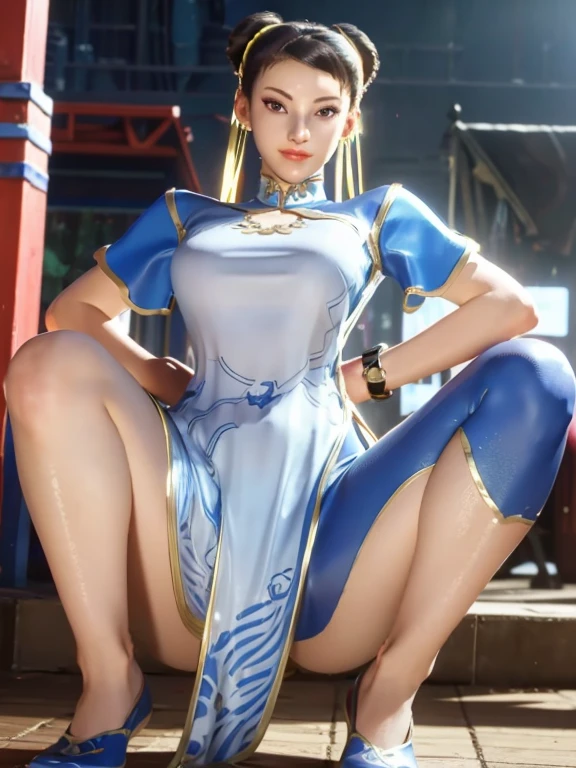 (masterpiece: 1.2), (high Quality), 1girl, solo, standing, fight pose, chun li, chinese fighter, Chinese martial arts, kung fu, hair in braids, black hair, bangs, qipao dress, blue and white and gold motif colour, chinese dress, no pants, no panties, naked bottom, hairy pussy, pussy hair, seen vagina with hairy, high sock, black sock, thigh sock, black boot, UHD quality, looking at the viewer, ultra detailed, all real, image quality 8k, 70mm camera lens, 8k ultra