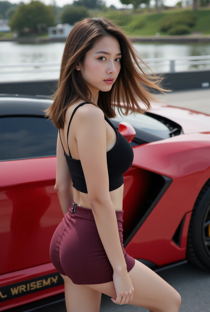 (Extremely detailed, parking lot, filigree, , plumw, Bigchest, huge tit,No milk， M cup, Raised sexy,1 woman in a red turtleneck dress, ，Take off your skirt：1.5，（The reveal panties），Refined face, largeaperture,full bodyesbian：1.8,Close-up of people，Shot on the back，ass focus