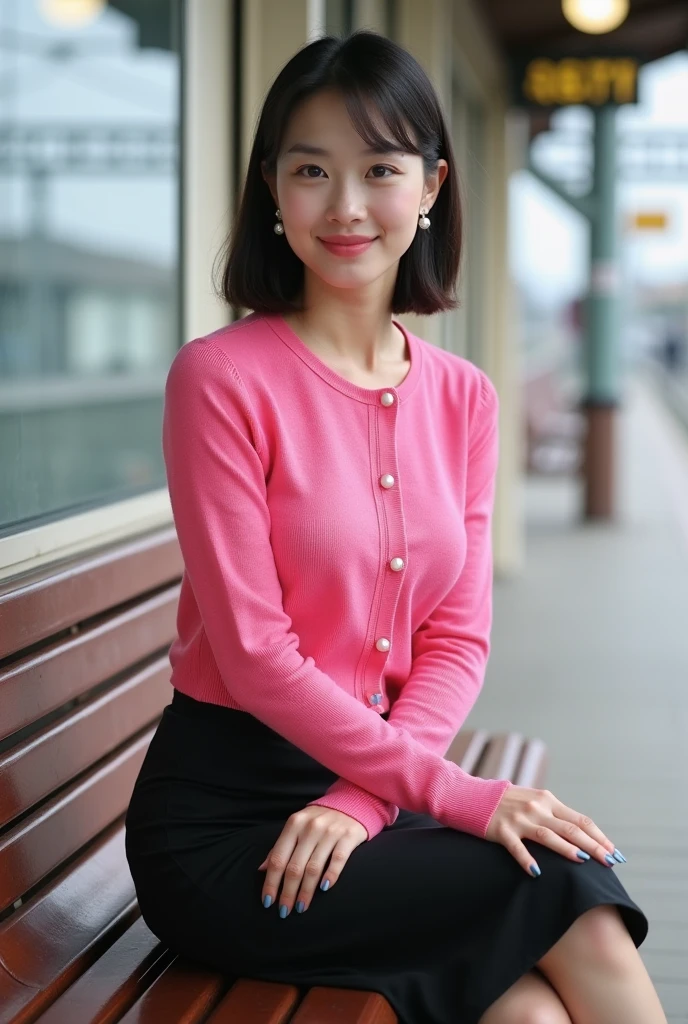 NSFW, RAW photo, ultra high res,(1girl:2.0), (photorealistic:1.4), black hair, smile, bright pupils, high detail, Realism, Fujicolor, image fill, viewfinder, Eye-Level Shot, 8k, super detail, UHD, retina, masterpiece, anatomically correct, textured skin, high details, high quality, award winning, best quality, highres, 16K, pubic hair ,gigantic breasts, big breasts, huge breasts, mega breasts, cleavage, topless, pink nipples, light pink areola, fully exposed boobs, 
I saw a woman.。 The firm gait showed that it was a bare face.。 
Pulling a carrier bag briskly。
I guess I can take the express bus from the station roundabout.。 The final express bus is slower than the train。
As you can guess from the fact that he is pulling a carry bag.、Is it like a trip for a woman during the Bon holiday?。She's an urban woman with clear eyes.。 Her hair is tied up at the back and set neatly.。Maybe that's why I had the impression that I was stuck.。 Wearing a business-type white blouse that would be branded。The sleeves of that blouse were rolled up to the elbows.。The bulge of the bust is pushing the blouse up。The button in that part is、It seems to pop from the pressure of the bulge.。90 cm would be margin。 It's a body that likes men。The hem of the blouse is tucked into a dark blue tight skirt.。The shoes are plain black pumps。It's like an office lady in Marunouchi.。The age looked like he had just entered his 30s。