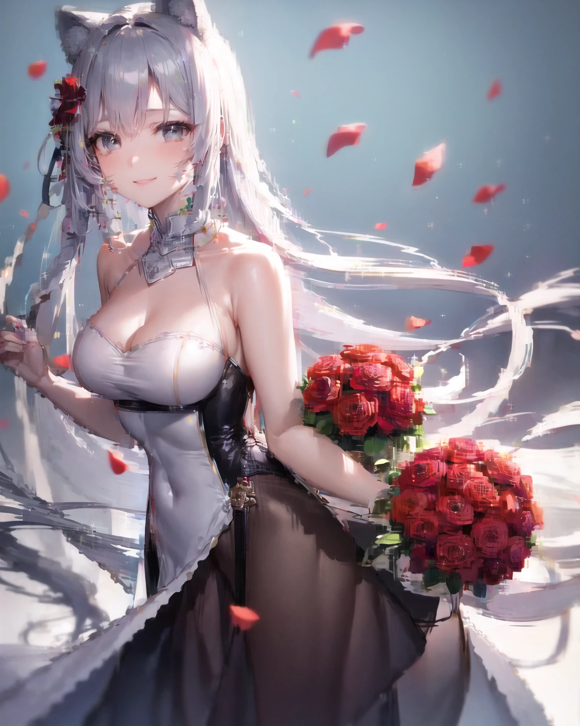 White hair, long hair, cat ears, red eyes, wedding dress, holding a rose, white background, single