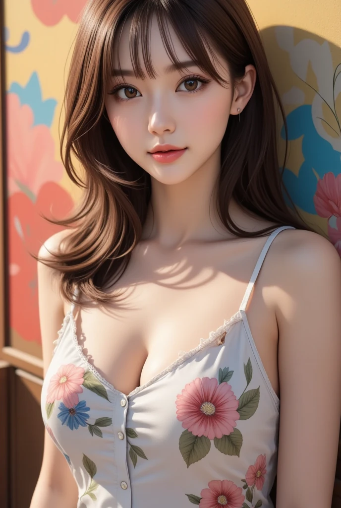 （（ultra - detailed）），（（eyes with brightness）），（Detailed eyes），8K，winking，（Little freckles makeup girl），（（Realistic skin）），（（Focus detail 2 straps on the shoulders of the clothes））（Large breasts 1.3），（（Shiny facial skin）），Colorful hair and red dress，Rosla's soft vibrancy，Ross La cartoon is vibrant，Style: anime, 8K, and some of it，beautiful portraits，The artistic germ is rich and colorful!!!, !Dream Artgerm， Beautiful anime girls， Style digital art， Art wallpapers 8K and 8K， number art， extremely detailed art germ，