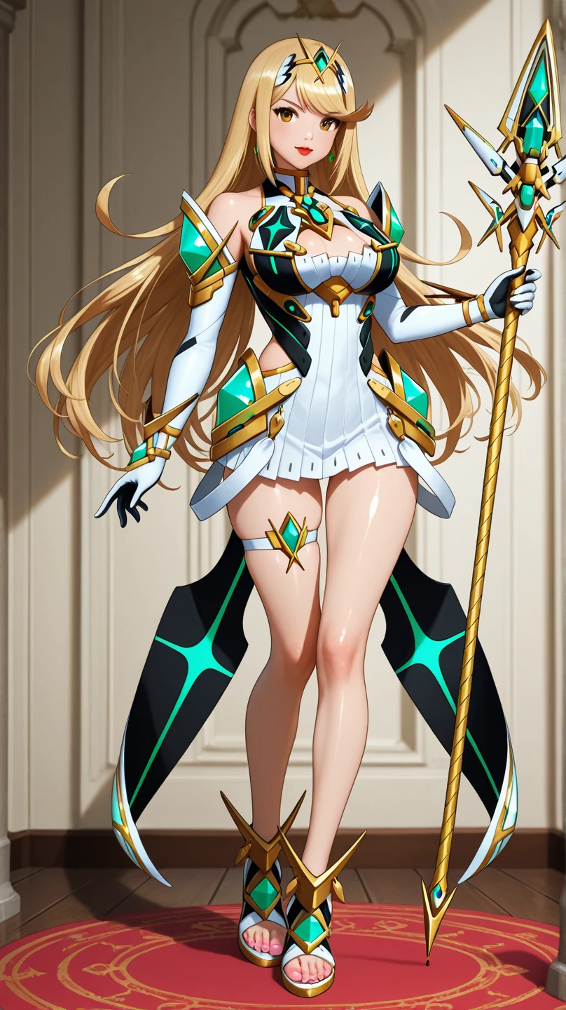 <lora:hikarimythraV1:0.8>,hikarimythra,1girl,blonde hair,very long hair,swept bangs,yellow eyes,green earrings,green gem tiara,tsundere,blush,
green chest jewel,bare shoulders,green neon trim white elbow gloves,large breasts,green neon trim cleavage cutout white short dress,bare legs,green gem thigh strap,streamlined back-skirt panels,green neon trim white footwear,, Exquisite visuals, high-definition,masterpiece,best quality,Exquisite visuals,high-definition,masterpiece,best quality,18yo,Young female,Beautiful Fingers,Beautiful long legs,Beautiful body,Beautiful character design,