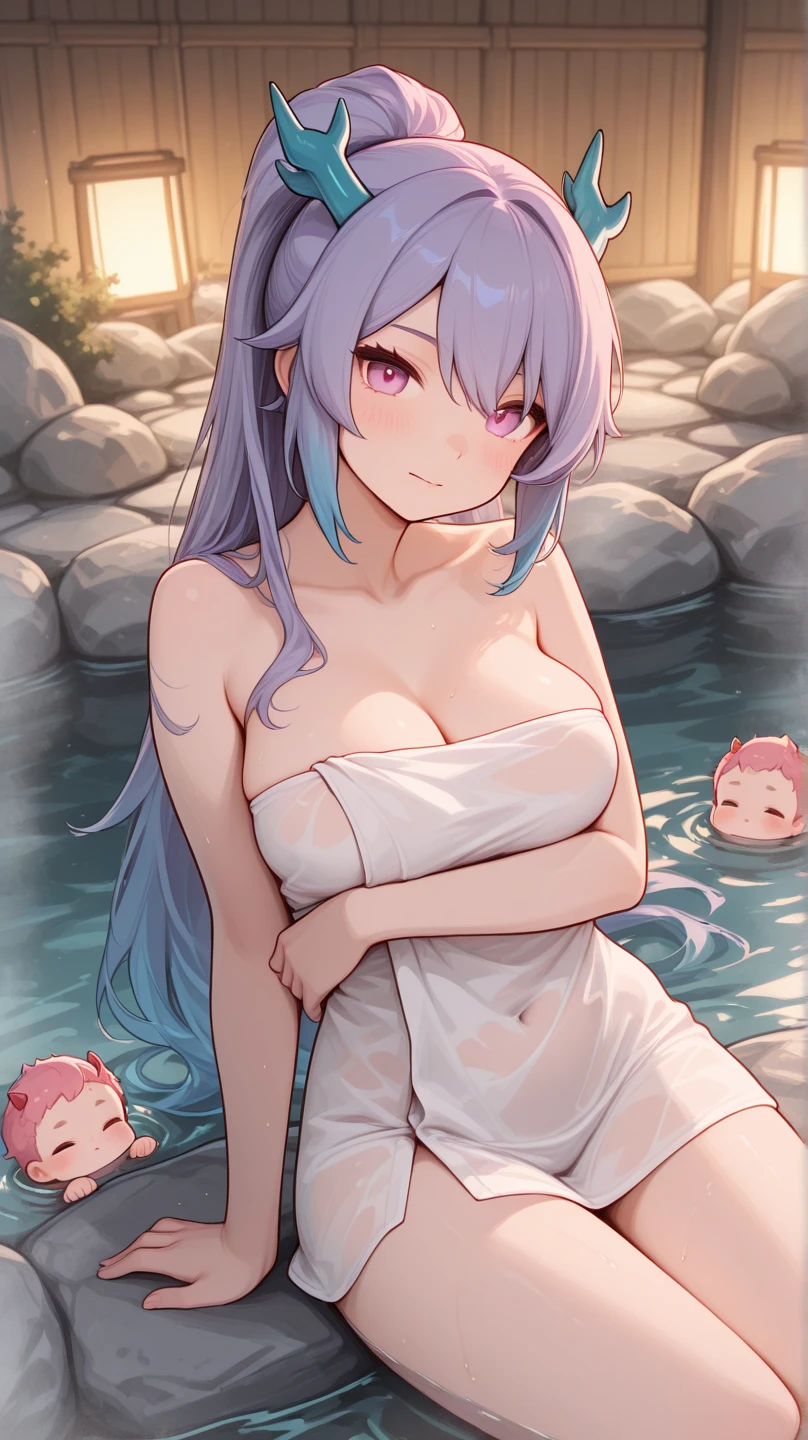 Noelle with large bathing in hot springs