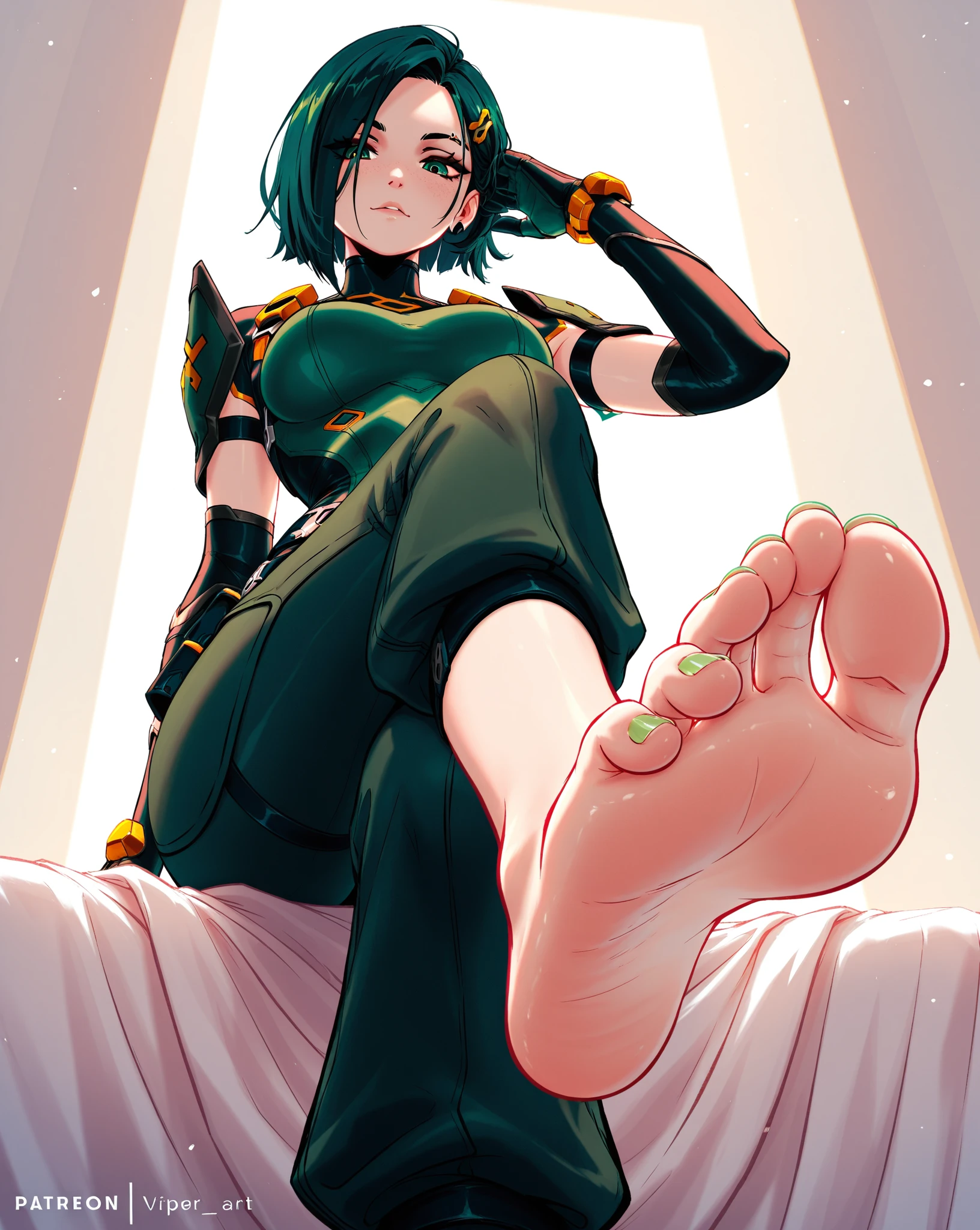 Viper standing in a room with her foot up, mid view from below her feet, high soles, legs taking your pov, masterpiece, best quality, valorantviper, green bodysuit, elbow gloves, belt, looking at viewer, midriff exposed, face, portrait, close-up, glowing eyes, green smoke, detailed foot pov, 8 feet from the camera, low view, macro giantess, perspective from below, giantess, cory chase, show from below, full body pov, giantess shot, big feet, feet posing