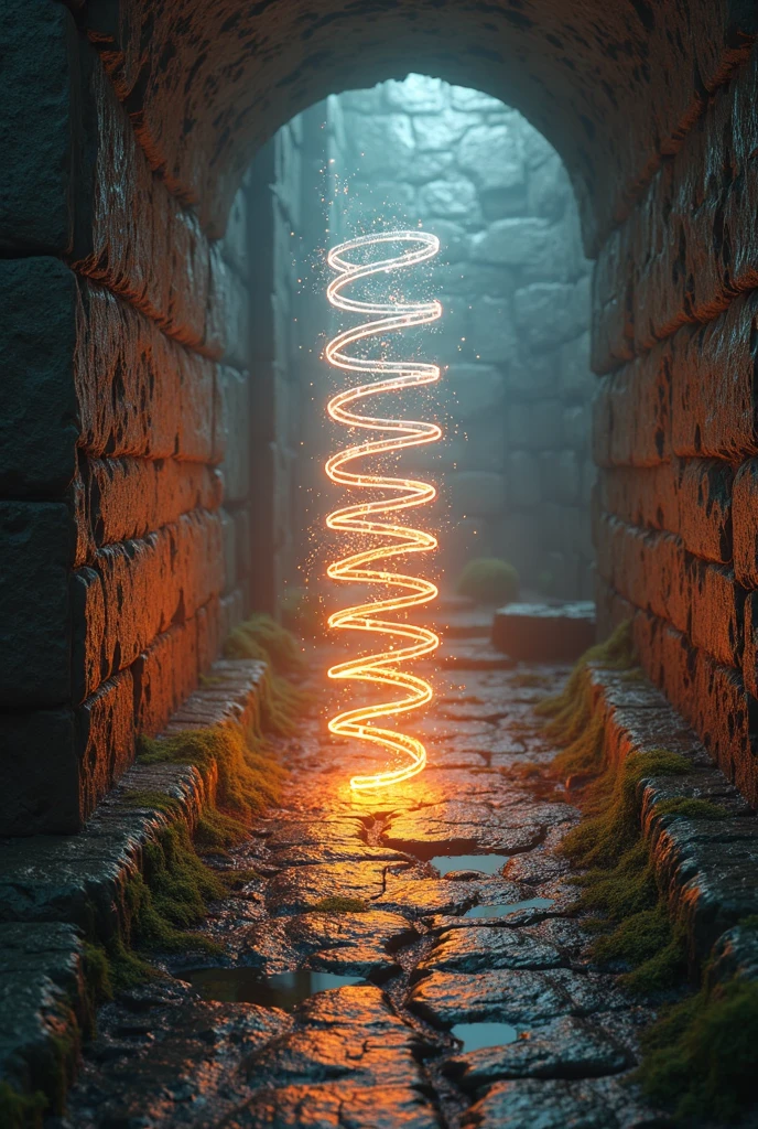 a hyper-realistic image of a coiled metal spring glowing how white and orange while bouncing through a dungeon.