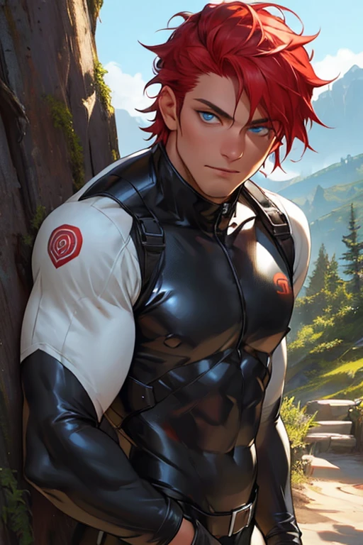 (Best quality), masterpiece, very courageous and courageous, extremely detailed, 2k wallpaper, amazing, finely detail, extremely detailed, 8k wallpaper, huge file size, ultra detailed, a high resolution, extremely detailed eyes and face, beautiful detailed nose, beautiful detailed eyes, Light on your face, (1 person, mature face), realistic face, realistic body, big bulge, man, 30 years, very short haircut, shaved temples, Red hair, Blue eyes, thick stubble, Dressed in a black latex suit, A full body suit, posing in full height, against the background of mountains and forest,