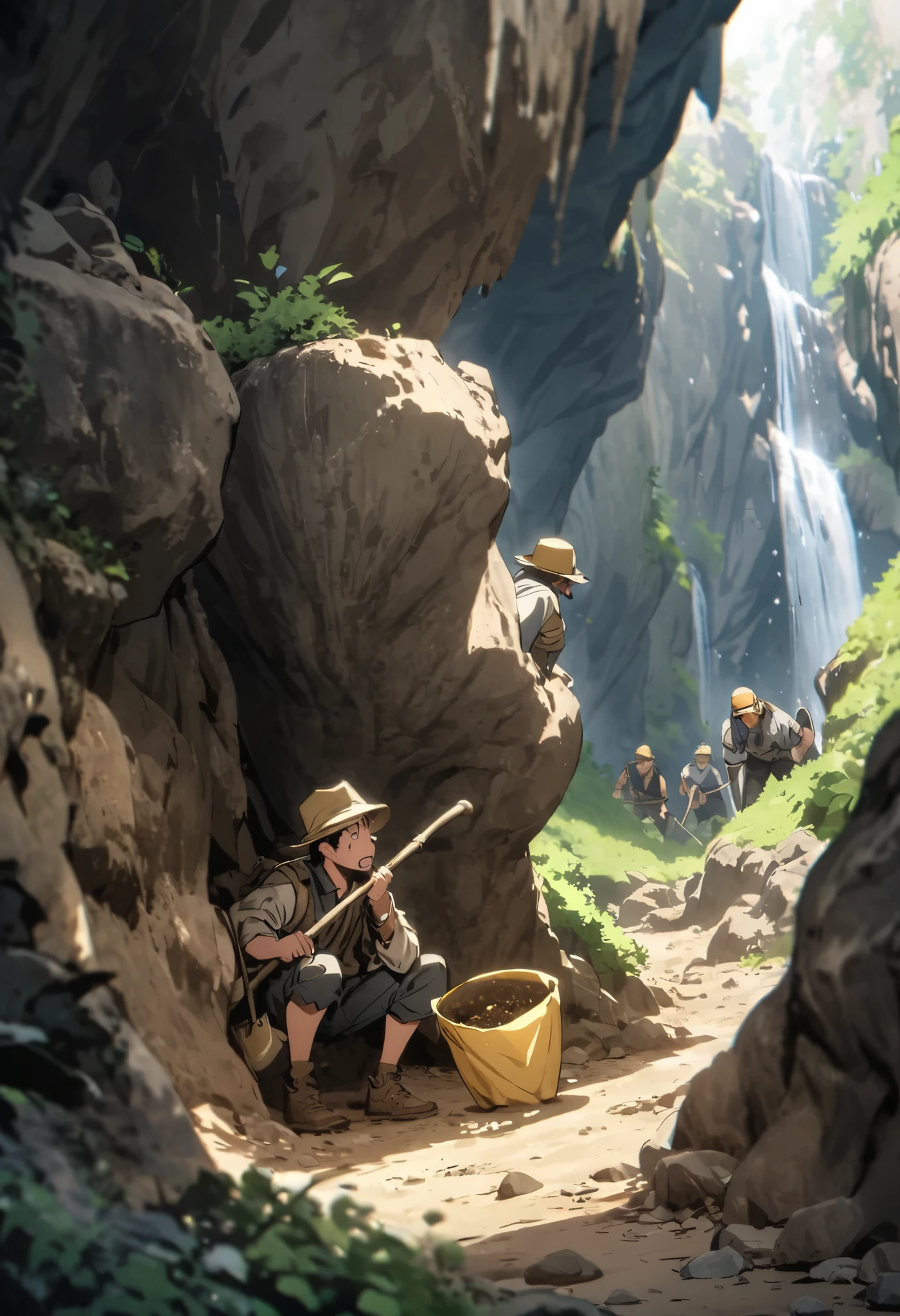 Prospectors dig for gold in cave on mountain