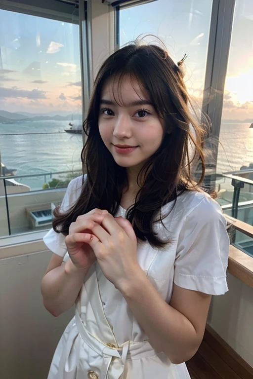 Produce the highest quality and highest resolution 8K images。Please draw the upper body of a 20 year old Japanese woman.。Please draw an image of you relaxing on your balcony at home on a holiday.。She has brown eyes and a model-like figure、She has an idol-level cute face.。The hair is wavy。Clothes、She is wearing a short-sleeved blouse。The skin is、It is a natural skin color。she、Looking at you with a smile。
