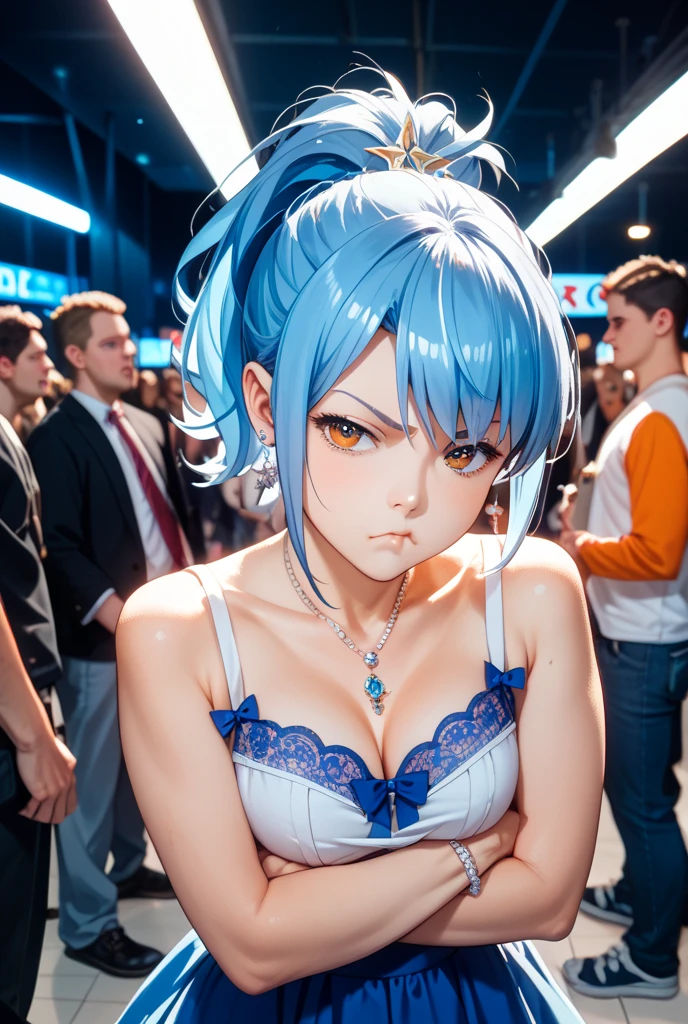 sarashiki kanzashi,1girl,solo,short hair,blue hair,red eyes,glasses,
BREAK (shirt, white shirt, collarbone, off shoulder, bra strap, shorts, pink shorts:1.2),
BREAK indoors, concert, stage,
BREAK looking at viewer, (cowboy shot:1.5),
BREAK (masterpiece:1.2), best quality, high resolution, unity 8k wallpaper, (illustration:0.8), (beautiful detailed eyes:1.6), extremely detailed face, perfect lighting, extremely detailed CG, (perfect hands, perfect anatomy),