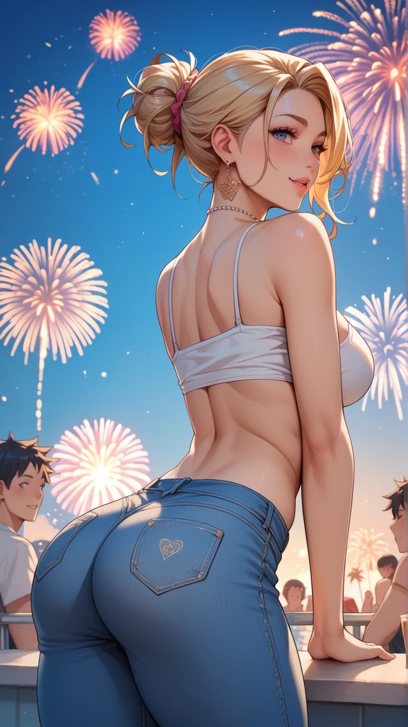 (((masterpiece))), (1girl:1.5), hyper detailed, highres, ((best quality)), (extremely delicate and beautiful), {8k cg wallpaper}, illustration, (blush), (braided ponytail | ponytail | hairbun), (extremely detailed background:1.6), (very long black hair|blonde hair), detailed face, night, festival, outdoors, lantern, (fireworks:1.4), paper lantern, snow, wind, snowflakes, hair ornament, closed eyes, (from behind:1.3), sitting, river, riverbank, starry sky, (holding hands:0.6), leaning on person, showing pink thong, nice ass
