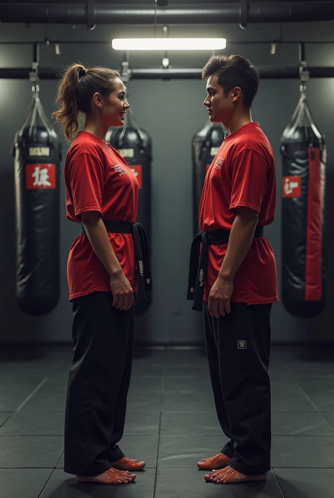 A skinhead woman practicing combat sambo wearing a red tracksuit with another woman.