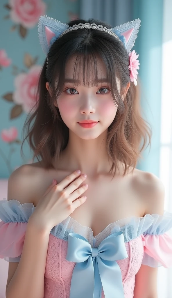 (​masterpiece), (top-quality), (top-quality), ​masterpiece, retinas, Anatomically correct, Textured skin, Super Detail, high details, High quality, award winning, Best Quality, hight resolution, ultra wide-angle, looking in camera, Lots of details, Detailed drawing, milky skin, Soft and soft skin, 真实感, realisitic, beautiful countenance, face perfect, Symmetrical face, Proportional body, (realisitic, Photorealsitic:1.37), (Background with blurred depth of field), (detailedbackground:1.25), (Hair growth:1.25), 1girl in、独奏、small breasts、is standing、cowboy  shot、Lift the hem of the dress yourself、sheer wedding dress、cleavage of the breast、bedroom、sunlights、pluma、flower petals