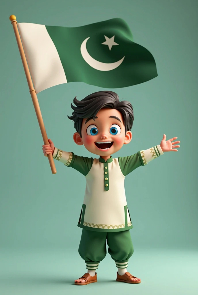 A cartoonic boy wearing Pakistani dress, Holding Pakistani flag, , "Ibrahim" written on boy's shirt