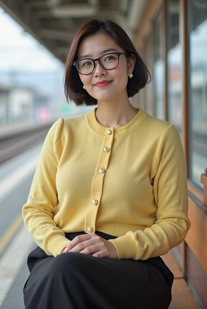On the railing stood a woman，Wearing a green dress, ,A teenage girl,Gold-rimmed round glasses，Fair skin，ChineseGirl，Translucent，fleshy feeling，watch