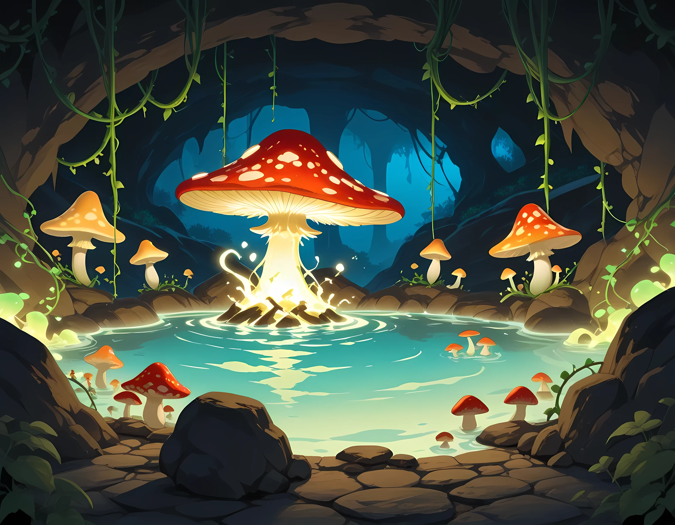 a hot spring in a cave with is steam rising from the spring, bioluminescent vines and mushrooms,  art by mooncryptowow