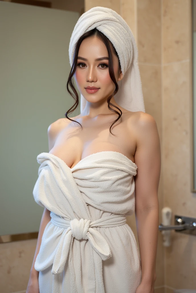 (((46-Years-Old, Indonesian Muslim milf, Expatriate))) ((Beauty Natural Large Breast)), after sex with her husband Boss , ((wearing Hairband, Long Black Hair)), ((Tight Pop-Up Bra)), ((Double K Cup breast))), Busty body, Wet body, having bath, heavy shower,pour water from the shower, holding the shower hose and wetting her body, at bathroom, full body, gravure Idol, Cold Situation, tired face, repeatedly had intimate relations with her husband's boss without her husband's knowledge, A face full of regret for betraying her husband's loyalty, (((Face Look a like Combination Of Luna Maya And Marissa Haque))