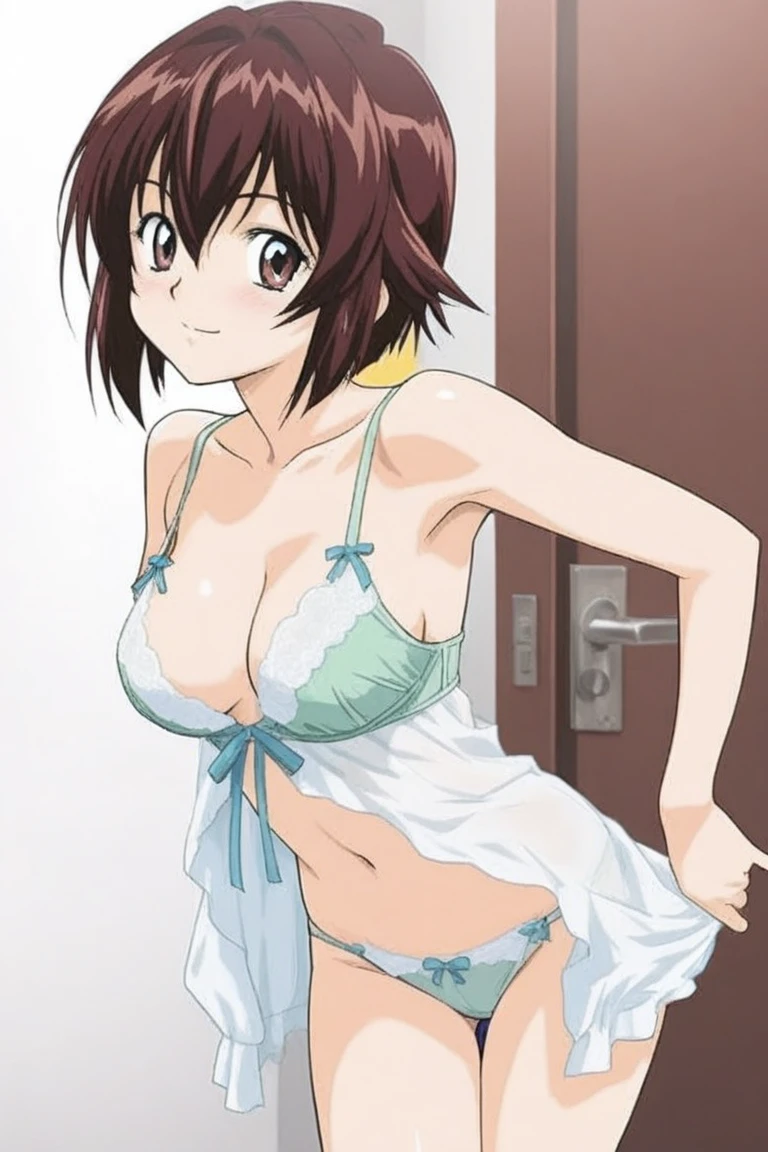 look, 1 girl, alone, hair ribbon, In underwear,white ruffle bra,white panties, clock, garter strap, Thighhighs, teeth, closed one eye, open your mouth, 1990s (style), cleavage, 視聴者をlookいる, jump,whole body,, retro artstyle, smile