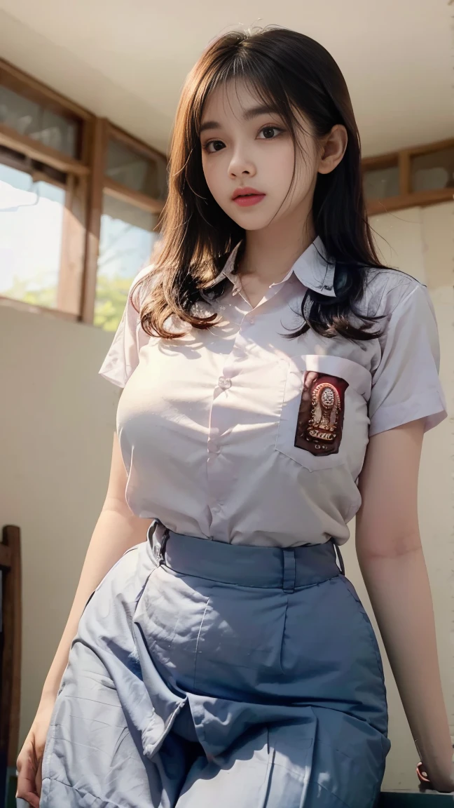 highest quality, shape, Very detailed, finely, High resolution, 8k wallpaper, Perfect and dynamic composition, Beautiful and detailed, Medium Hair, Mid-chest, Natural color lip, Sexy pose, Life form, View your viewers, smile, 17-year-old girl,Young face、low length、Very big breasts、Ecstasy (school uniform:1.8、Exposing breasts), Cum in pussy, Sex, erotic, Fair skin, Whitening, (Sex, vaginal Sex:1.1), Cum in pussy, Heterosexual, Life form, Mole, Mole under eye