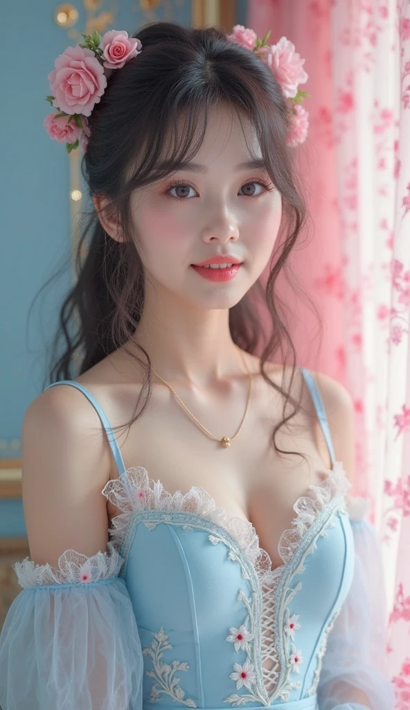 (((best quality))),(((ultra detailed))),(((masterpiece))),illustration,((1 beautiful girl,solo)),slim,thin,small breasts,flat chest,shoulder length straight hair,on bed,dilapidated,hotel room,summer's afternoon,anticipation,shyness,date,big almond-shaped eyes,excited,nervous,fair skin,flawless,rosy cheeks,strapless light blue bra,slender figure,delicate collarbones,white flowers,delicate silver chain,rusty bed frame,peeling wallpaper,white lace curtain,warm sunlight,soft warm glow,old-fashioned radio,cheerful tune,nervousness,heart pounding,excitement,door,plain attire,electric atmosphere,love,butterflies,((from front,close-up of face))