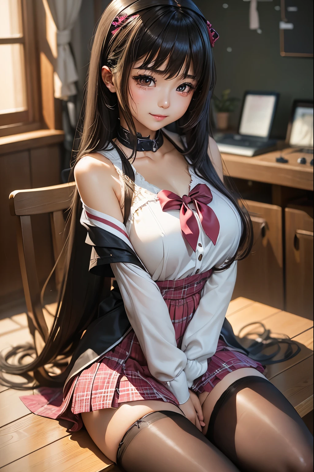((masterpiece,intricate details)),realistic, photorealistic,1 girl,mature woman,messy hair,,brown eyes,:3,,,thick thighs,serafuku,tie,pleated skirt,white knee socks,high heels,flower shop, ,,From before,Depth of the bounds written,looking at the viewer,