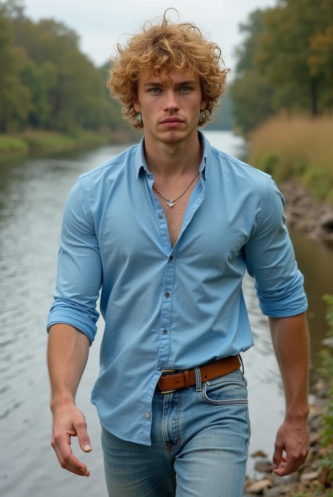 a dynamic photorealistic half-body portrait of 25 years old RYAN DALISH, frontal view, of north american origin, caucasian male, light skin, almost a model, in a red shirt, short blonde curly hairs, broad chin, perfect anatomies, detailed faces, detailed skins, detailed eyes and mouths, well aligned teeth, high quality, 4k resolution, photographic, hyperrealistic, dark grey vibrant background, neutral background, color graded background, more detail XL, photorealistic,