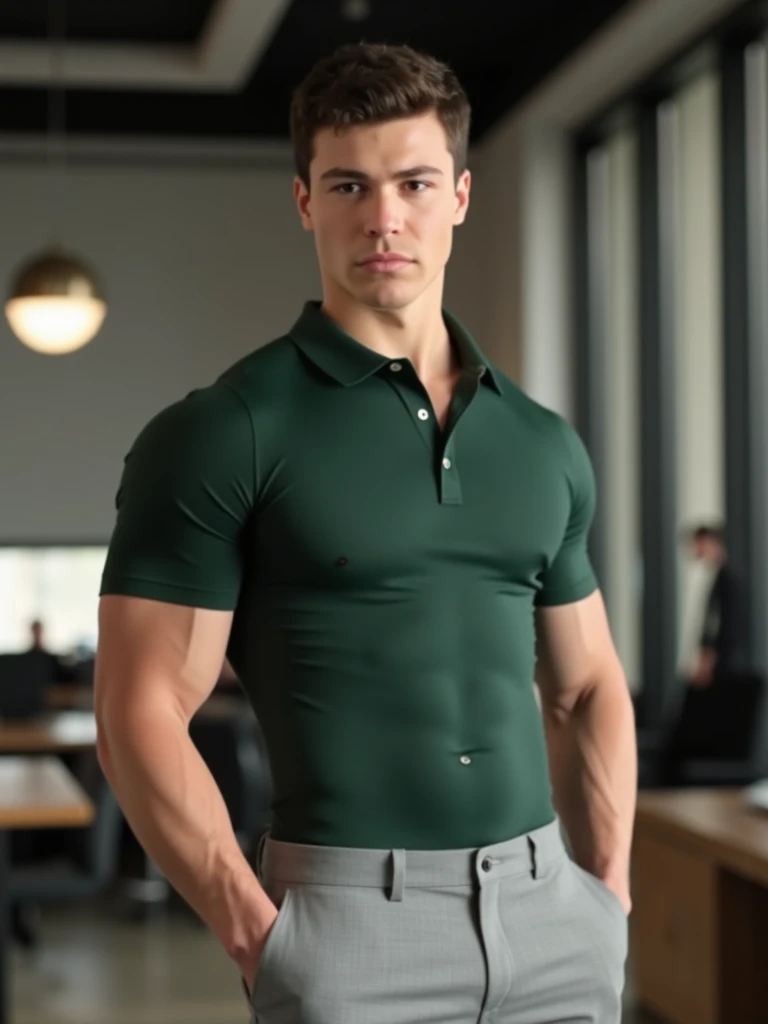 a very handsome, robust man, wearing sunglasses, with a Mid fade haircut, massively muscular, with massively large muscles, with massively large and muscular arms, shoulders and biceps, with a massively large, muscular and defined body, wearing a dark green shirt and tight shorts with a massively large bulge, sitting on a couch
