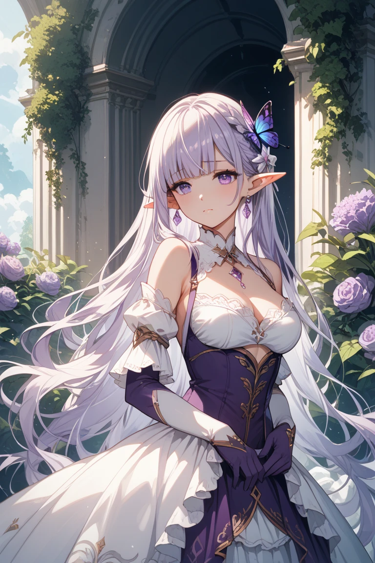 (((Masterpiece))), (((Highest quality))), ((Ultra-detailed)), ((Super fine illustration)), ((Ultra-fine painting)), (16K highest quality wallpaper:1.4), (Upper body:1.4), (Highly detailed and delicate illustration style:1.8), Detailed skin texture, Detailed cloth texture, Detailed rose flower texture, Extreme detailed description, (T-masterpiece), (Highly detailed face:1.4), (Highly detailed Purple fox ears:1.2), (Highly detailed Purple hair:1.2), (Highly detailed clear eyes:1.2), Original, RAW photo, Professional, Intricate details, Super details, Direct light:1.6, (Perfect anatomy:1.4), (Highly detailed hands:1.2), (Highly detailed fingers:1.2), (Highly detailed fingertips:1.2), (27-years-old), Real, (Solo:1.6), ((A very beautiful and attractive Purple fox female fashion model:1.4))
BRAKE
(Beautiful and adorable Purple fox ears:1.6), (Highly detailed and delicate Purple fox ears:1.2), (Beautiful and well-shaped big breasts:1.2), (Beautiful and well-shaped buttocks), (Beautiful and shiny Purple hair:1.6), (Highly detailed and delicate Purple hair:1.4), (Beautiful clear blue eyes that shine with great detail:1.6), (Highly detailed and delicate blue eyes:1.2), (Highly detailed face:1.4), (Smile:1.4), (Looking at viewer:1.4), (Standing:1.4), (Celebration:1.4)
BRAKE
((A beautiful and gorgeous princess dress that is detailed and delicate to be worn at celebratory occasions:1.4))
BRAKE
((Holding in both hands a large bouquet of highly detailed and delicate ((white and pink roses)):1.3))
BRAKE
(Celebration:1.4), (((Highly detailed and delicate white rose flower and pink rose flower garden background:1.4)), Highly detailed and delicate royal palace courtyard background in just after noon in spring:1.4) BRAKE