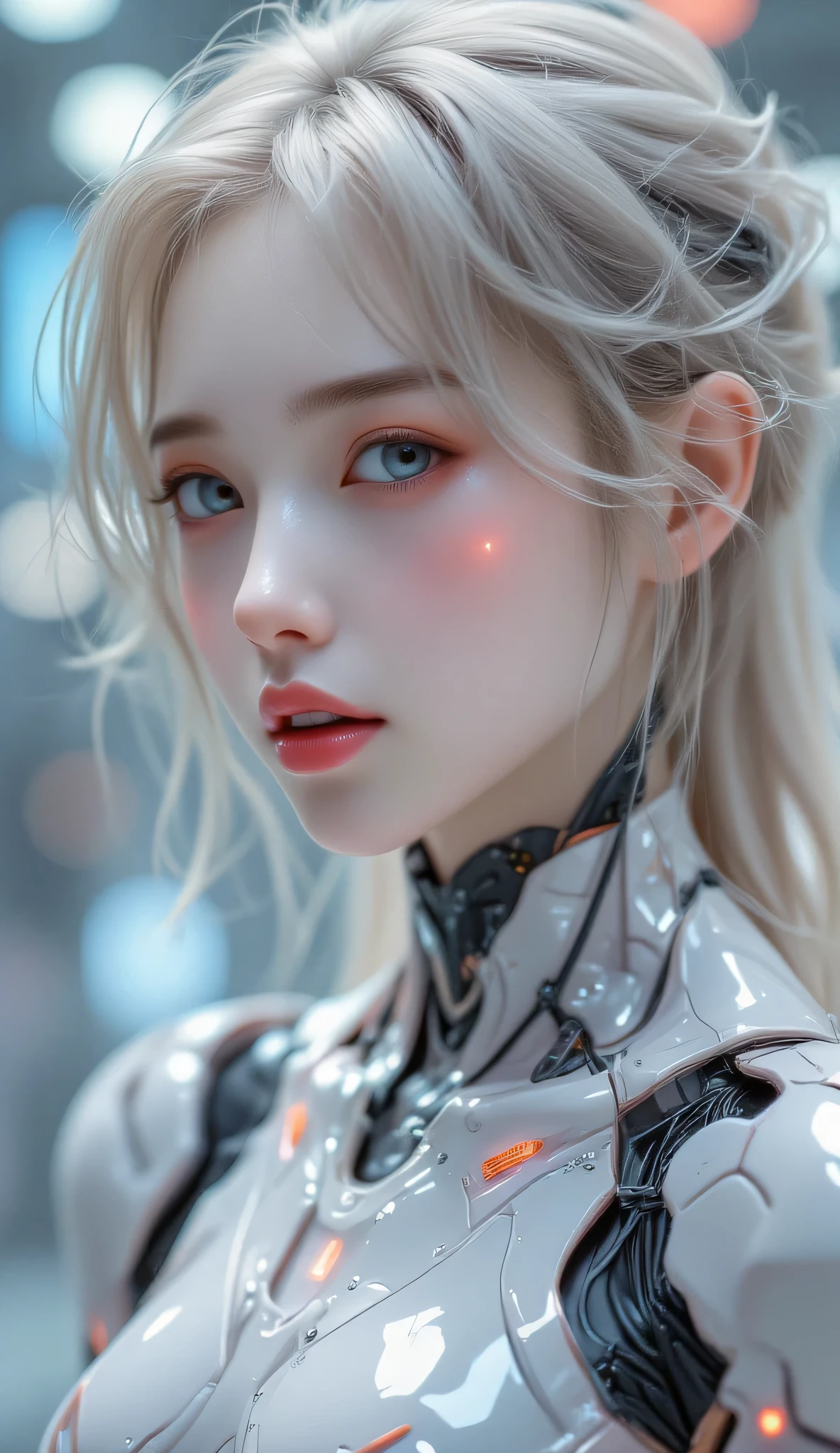 ((Highest quality)), ((masterpiece)), (detailed), High Resolution Skins:1.3, Realistic skin texture, (full body), Three female idols, sexy idols, pastel body, different color, different hairstyle, (album jacket style), big smile, different light color hair, choreographed dance, full body view, good lighting and effects, slim, smile, close mouth, Natural Makeup, Looking at Viewer, sharp focus, Bust B cup, Slim figure, Beautiful eyes in every detail, realistic eyes and face details, depth of field, View from the front, Beautiful half-Caucasian cyborg girls, cute Cyborg Girls, Beautiful Cyborg Girls, Perfect Robot Girls, Cyborg Girls, Young cyborg womans, beautiful Female Robots, Beautiful robot weman, Beautiful Cyborg Images, the mechanical parts are visible, wires and cables connecting shoulder, The robots suit has LED indicators and meters,