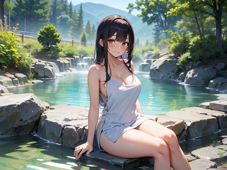 A couple is bathing and romancing under the waterfall. The couple is wearing short clothes and the girl has big hips. It is evening.