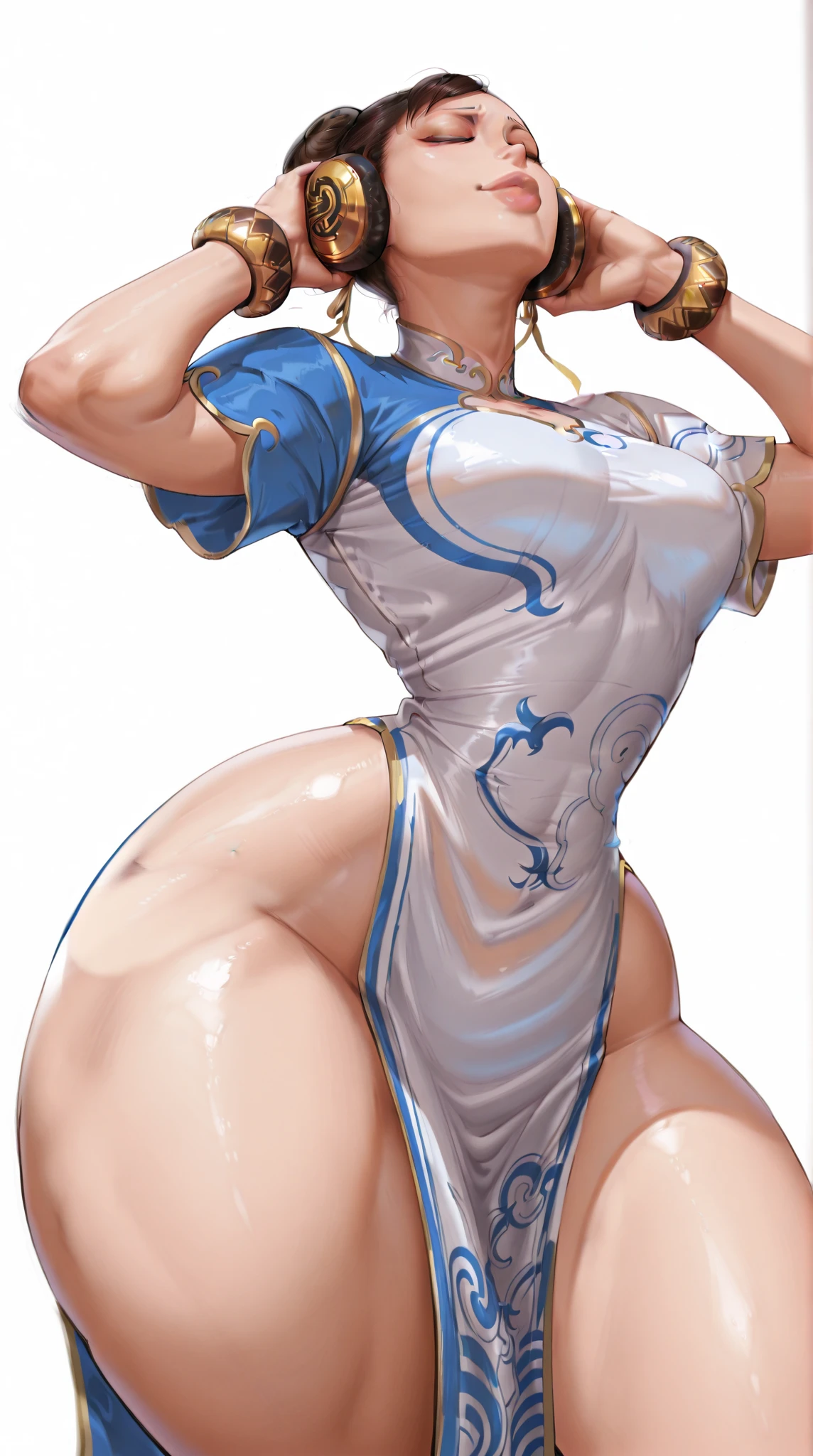 ( Beautiful Chun-Li in her classic outfit, Perfect body, Thick thighs ),torn clothes,((arms behind back)),bondage,back_arm_shibari,clenched teeth,masterpiece,ultla detailed,best quality
