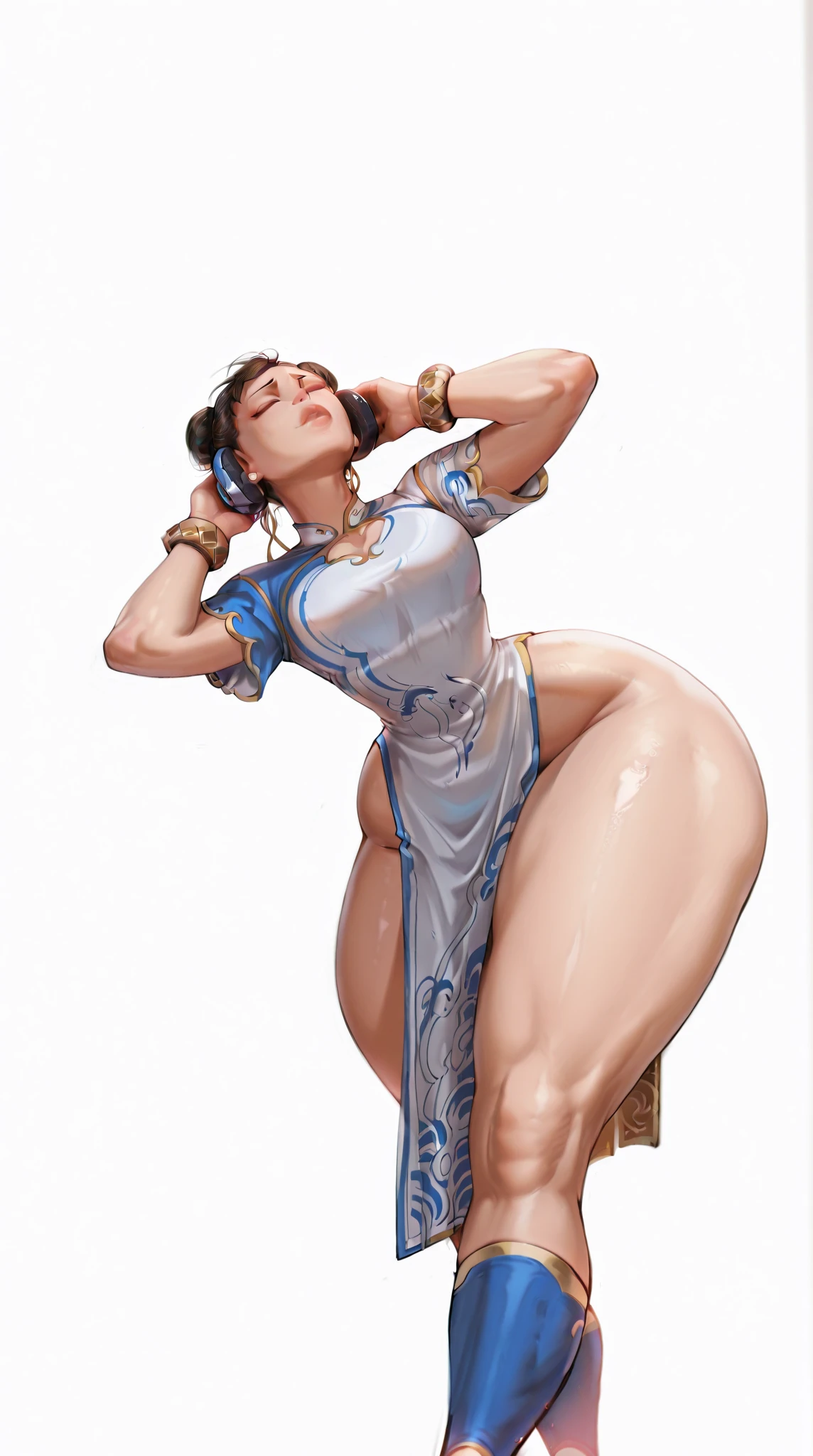 (highres:1.2, ultra-detailed, realistic:1.37), vibrant colors, studio lighting, chun li, (8K,32K), hyperdetailed face, perfect body, brown hair, beautiful detailed eyes, beautiful detailed lips, stuck hair, two buns in hair, (huge-breasted), nipple, thick thighs, super wide hips, huge ass, nude body, pussy