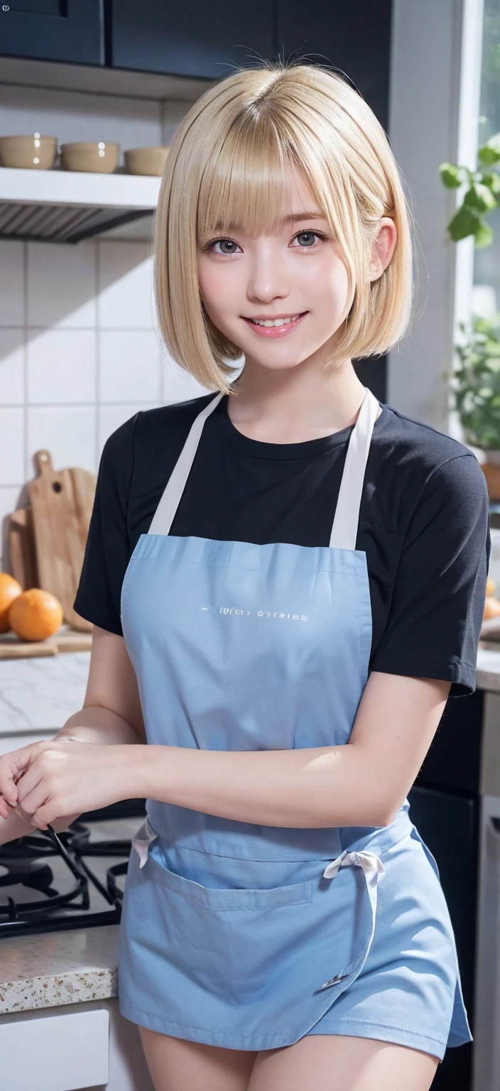 (((Browsing Caution)))、close distance、Beautiful woman、cute、((Female Nursery Teacher))、smile、Very short hair、((Delicate photo)),(Detailed RAW photos of girls), (Tabletop:1.0), (Highest quality:1.6), (Ultra-high resolution:1.5), (Realistic:1.75), 8k resolution, absurdes, Very detailed,Cinema Lighting,、nursery school、((Wearing an apron))、(Hairstyles with bangs)、Long sleeve T-shirt、((Colorful kids room:1.1))、((Lots of toys:1.))、((cute wallpaper room))、((Simple panties are visible:1.2))