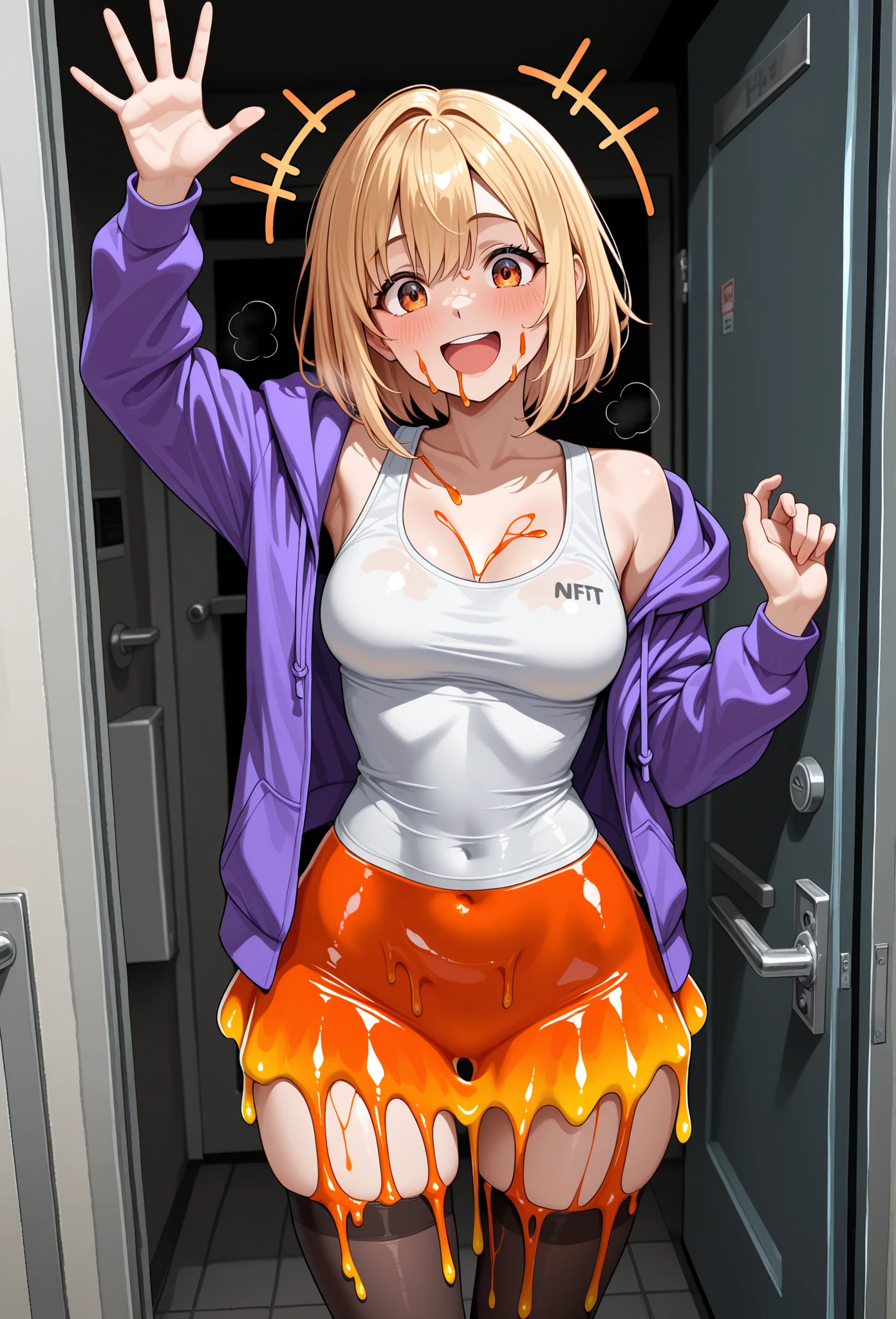 (super fine illustration,8K CG wallpaper,best quality,extremely detailed,ultra high res,best aesthetic),(cowboy shot,from front),idolmaster, {{{hina araki}}}, (20yo, beautiful girl),(beautiful brown eyes), (beautiful orange hair), ((((short hair)), (((wavey hairstyle))), (wet hair), (wet skin), (sweat), (steam), ((flat chests,large breasts)), ((nudity:1.4,topless:1.4,bottomless:1.4,expose breasts, breasts out)), ((pubic orange hair:1.4)), (glasses:1.3), ((((spread legs)))), (open mouths),,(stick out tongue), (feel good), (blush), (no sleeve tracksuit), (open clothes), ((arm pit orange hair:1.3)),(happy smile:1.5),((arms behind head)),(cum on body:1.9),(cum on face:1.3),((cum on hair:1.5),(cum on armpit:1.5), (((multiple boys, peeing on a girl, multiple penises, gangbang))),((ecstasy torogao:1.5)), saliva trail, nose blush,pleasure vaginal penis),(sex,missionary,pov:1.5),(Lie down, beach mat),BREAK,(1boy, hetero:1.3), ((vaginal sex)),(cum shot:1.3),(look at viewer),(in comic cafe),