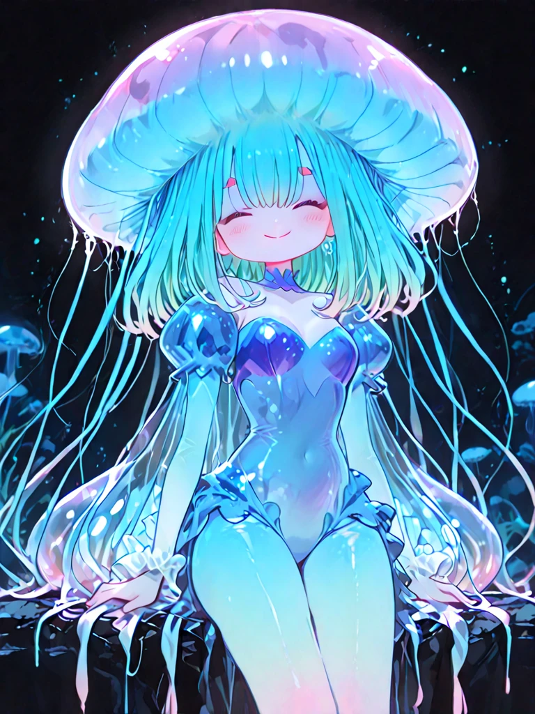 Anime, 20 years old, 1 girl,flat chest,dark skin, tan,(Jellyfish girl:1.2), red eyes, arms behind back,under the water, silver hair, very short hair, {{blue highlights in hair}},blue barrette, topless, bottomless, completely , spreread vaginal, spread, {{{vulgarity}}llyfish in pussy