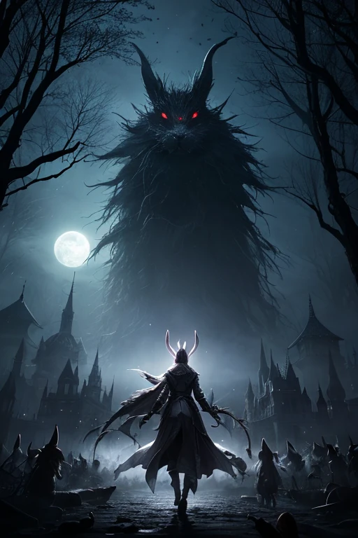 monster nervously, A monster with many eyes and horns, moonligh, meteor shower, (rear view:1.4)