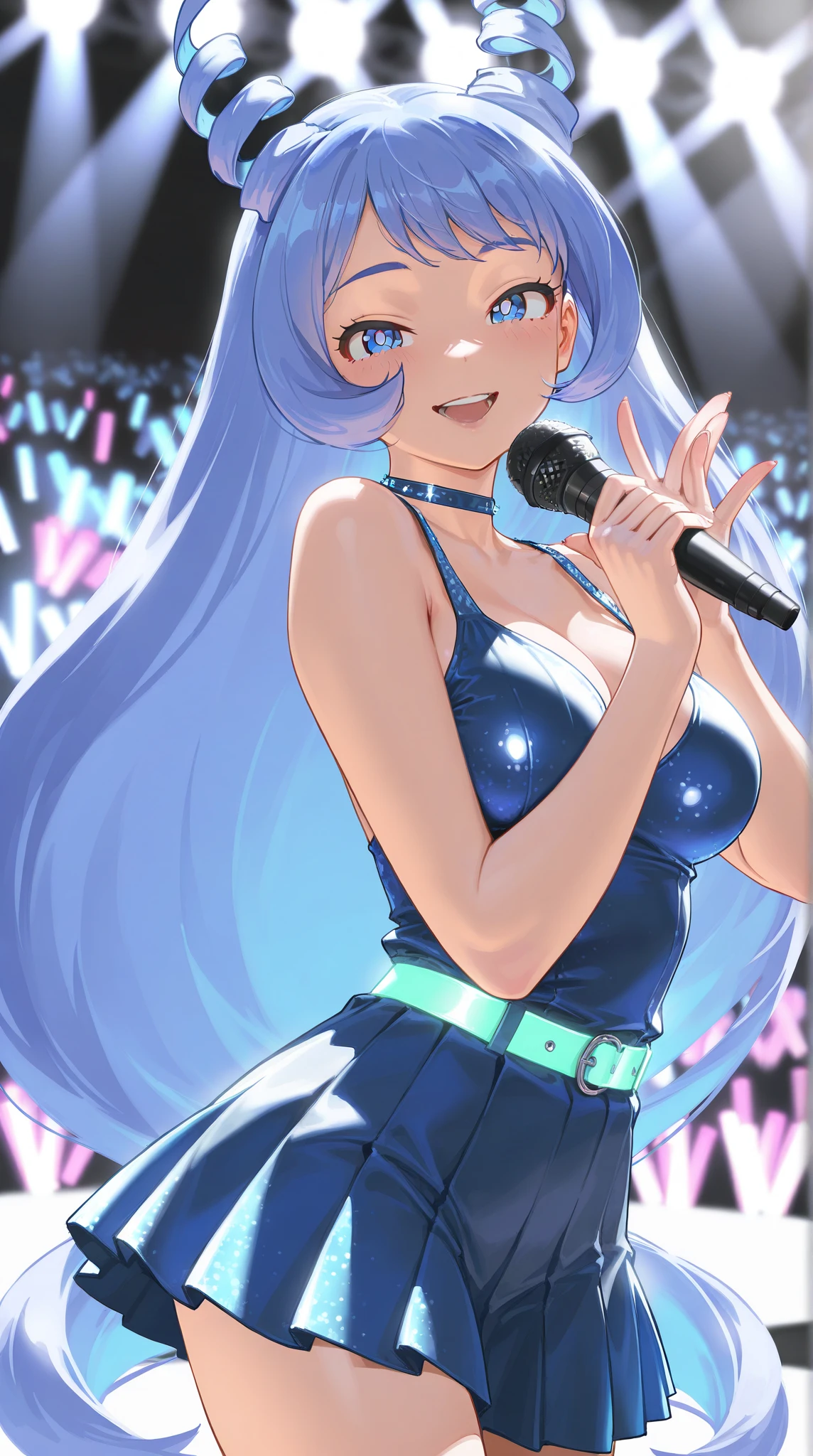masterpiece, best quality, ultra-detailed, kawaii, cute, lovely, extremely detailed, 4K, 8K, best quality, beautiful3, (((IDOL LIVE STAGE))), a cute girl, 1girl, solo, (((plunging neckline))), (((GIANT_breaths))),(((GIANT_boob))), beautiful light blue hair, drill bangs, blue eyes, beautiful eyes, slim, slender, light smile, sparkling effect, GALAXY IDOL, Linn Minmei, lynn minmay, WATERCOLOR \(MEDIUM\)