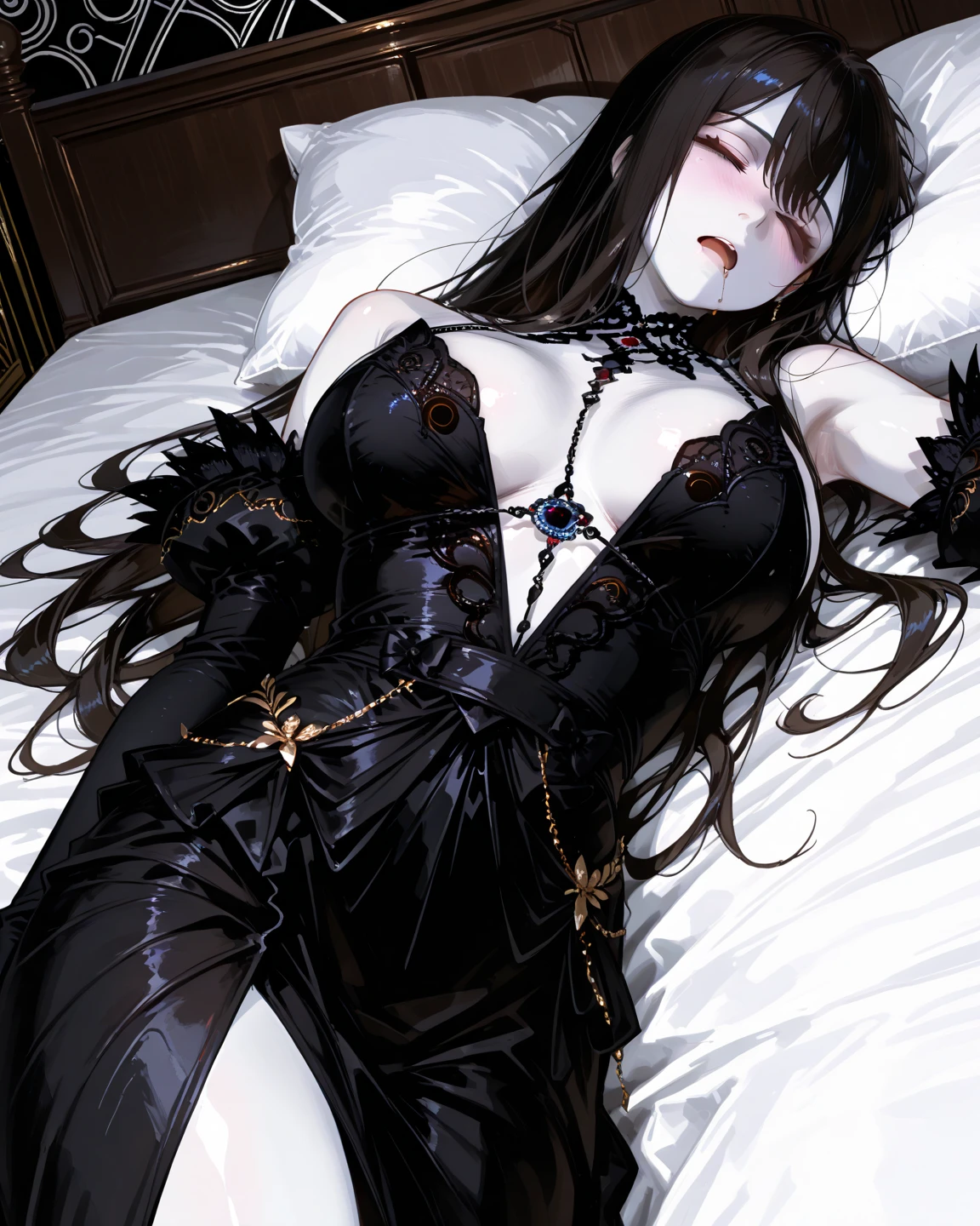 ( 8K, Masterpiece, hiquality, Digital Art, beautiful and aesthetic, hyper detailed, Anime Aesthetics),(((transparent glass coffin with closed lid, inside a glass coffin, with gold and black inserts, With patterns, and matte colors ((crystal))))), (The girl lies in a long coffin in full body., the whole body inside the coffin) , (seabed in the background), many large roses in the coffin, rose thorns flicker against the ocean background, moon light. 1 girl, Beautiful girl with long black hair (hair crawls like a vine in different directions), black Victorian dress with lace, Perfectly detailed eyes, Perfectly detailed face, ))))