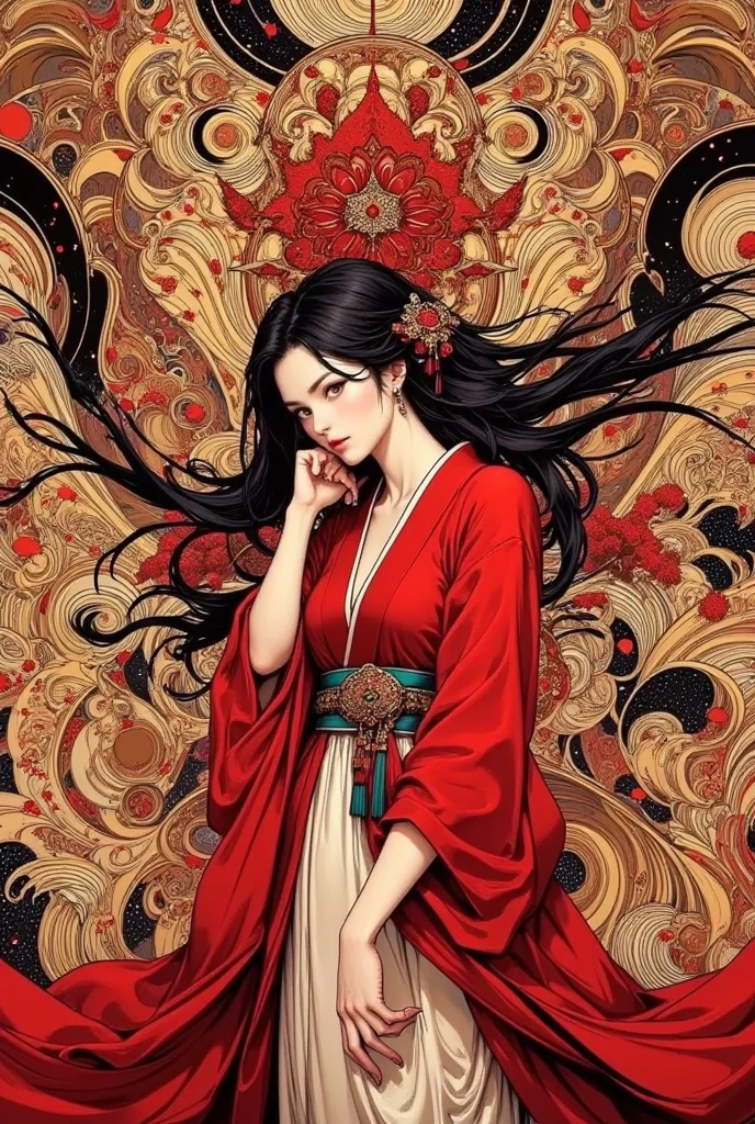 a beautiful attractive woman in body stocking suit, micro T-string , intricate chain jewelry suspenders, beautiful round breast, cleavage, chest press together ,medium long shot ,elegance pose, Intricate designs and patterns in the style of Alphonse Mucha ,Art Nouveau flowery background, black wavy hair,long earrings,red lipstick