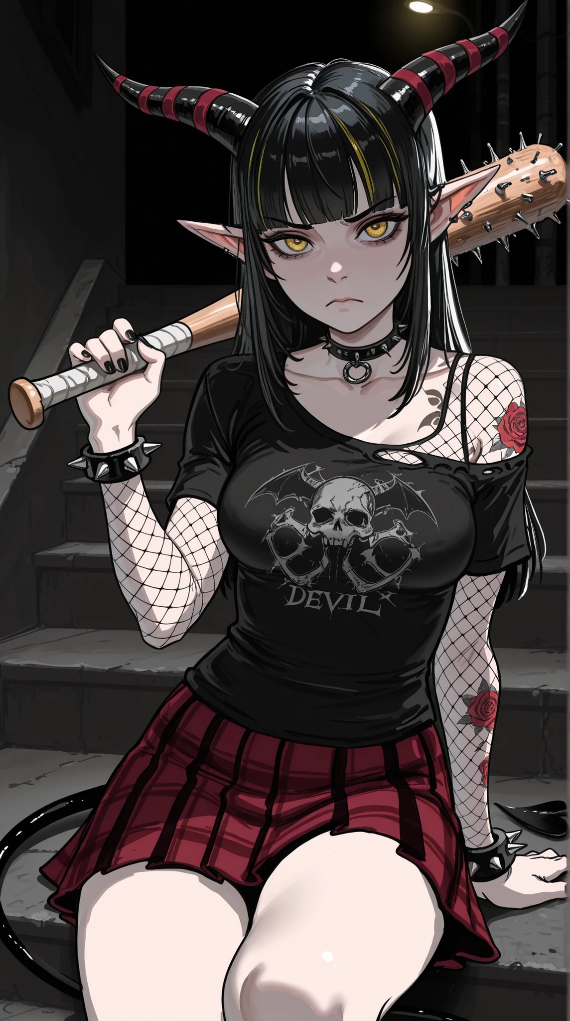 HDR, 8K, masterpiece, best quality, amazing quality, very aesthetic, newest, volumetric lighting, (flat colors:0.7), (incase:0.3), (tsuaii:0.3), devil horns, devil tail, bright yellow eyes, black hair, hime cut, double parted bangs, frown, nail bat, pale skin, punk, arm support, baseball bat, hand up, exposed shoulder, collarbone, cowboy shot, 1girl, punk fashion, streaked hair, looking at viewer, white_trim, torn t-shirt, sitting on stairs, street, at night, short skirt, plaid skirt, leg fishnets, torn fishnet, tattooed arms,spiked choker, spiked bracelet, 1female, (mature female) ,medium breasts, sightly muscled , elf ears, detailed eyes, Sinozick_illu, g1gzagu123_illu