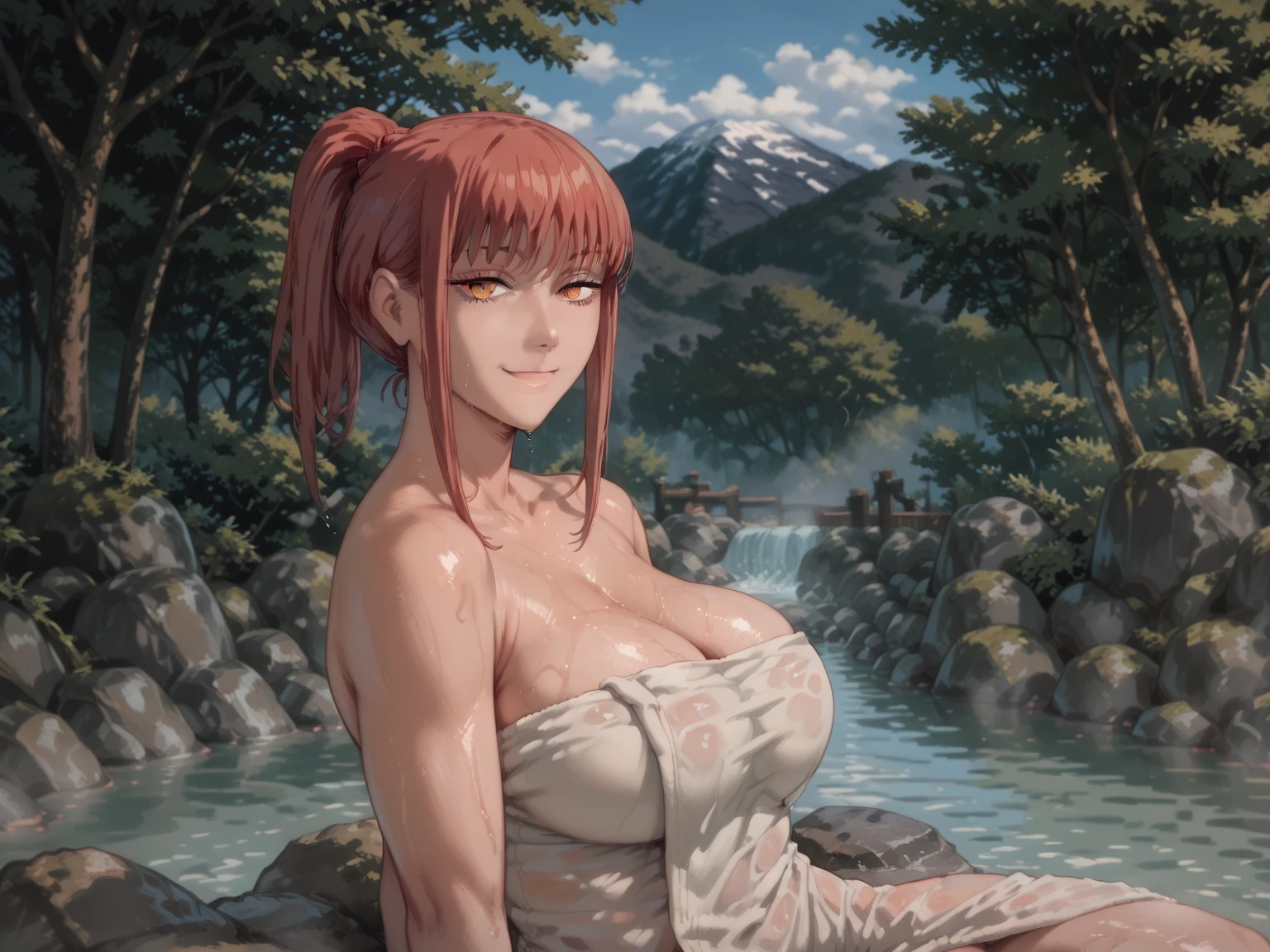 (masterpiece), (best quality), (ultra-detailed), (extremely detailed cg), (a extremely delicate), (perfect lighting), (8k), (dynamic angle), (sharp image), vibrant colors, female, masterpiece, best quality, depth of field, cinematic lighting, masterpiece, best quality, ultra-detailed, colorful, vibrant, large breasts, thighs, mature female, solo, (masterpiece, best quality, high resolution, animescreencap, anime colored,), (perfect anatomy, beautiful detailed eyes, beautiful detailed body, beautiful breast, shiny skin), 1girl, red hair, side bangs, braided ponytail, long hair, ((ponytail)) , medium breasts, smiling, red eyes, anime eyes, ringed eyes, armpits, looking at viewer, arms above head, white lingerie, (( one piece)), ((wet skin)),((standing)), ((outdoors)), (( super sweaty body)), ((looking from up above))), skies, clouds,, ((arms above head))