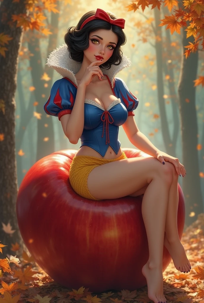 (masterpiece:1.2, best quality), (finely detailed beautiful eyes: 1.2 Snow White sitting on a giant red topped mushroom with white spots on it. Snow White has large breasts straining the fabric of her dress. She is extremely sexy with large ruby red lips. Pouty Lips