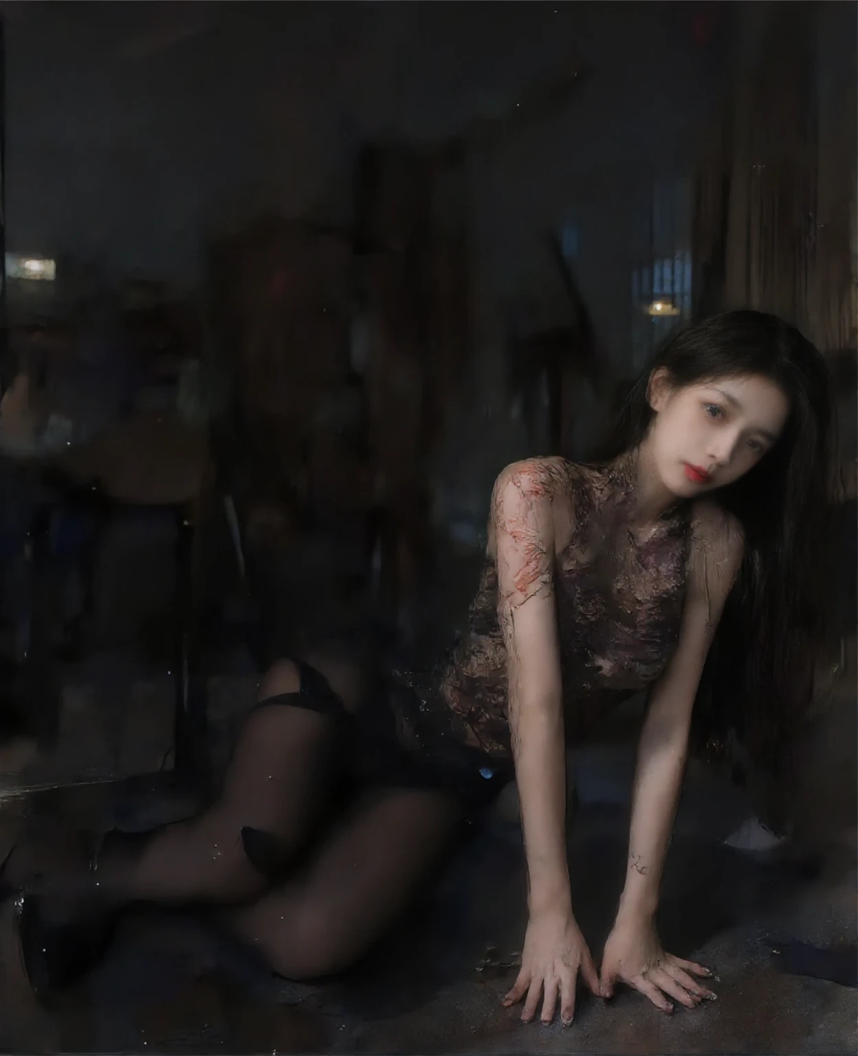 Garbage heap scene (1:4), Best Quality, Full Body Portrait (1:1), Delicate Face, 18 years old girl, slim slender figure, skinny, smaller bust, pink, torn lace lingerie, looming, panties to crotch, barefoot, garbage, sweat, white viscous liquid (3:1)