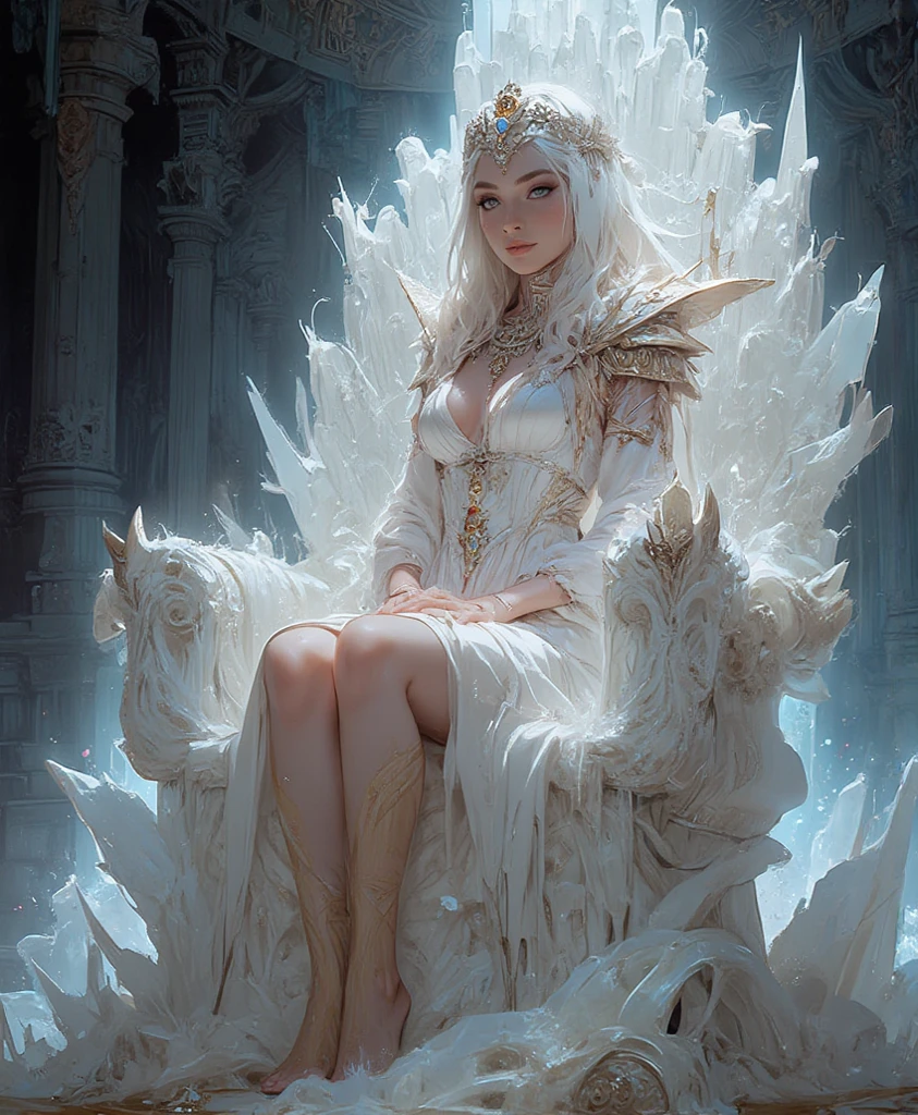 (Masterpiece:1.2), best quality, (illustration:1.2), (ultra-detailed), hyper details, (delicate detailed), (intricate details), (cinematic light, best quality Backlights), clear line, from below, solo female, perfect body, (1girl), white hair, glowing yellow eyes, (emperor, black see-through clothes),(crown:1.1), sitting on Throne, slightly close eyes, looking downward, turn head, ( shy:1.2), ((makeup)), high contrast, (best illumination, an extremely delicate and beautiful), ((cinematic light)), colorful,