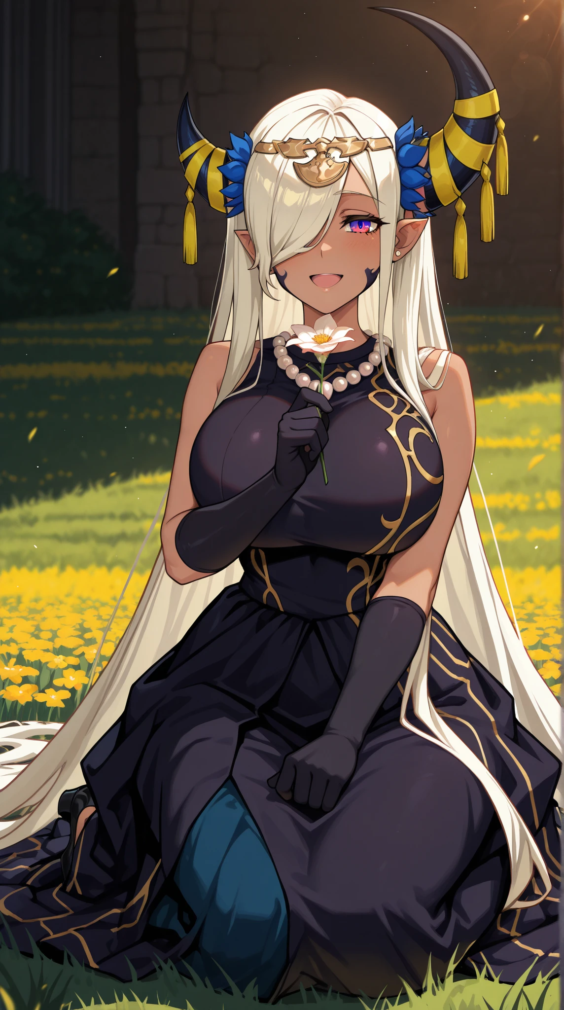 Edelgard FE, hair between eyes, ahoge, blonde hair, star \(symbol\), hair ornament, ruffled tulle dress, cleavage, bare shoulders, collarbone, long black elbow gloves, black gloves, black dress, black choker, strapless, tiara, veil, strapless dress, princess dress, veil, beautiful woman, perfect body, perfect breasts, wearing a princess dress, ball gown, in the park trees, wedding decorations, a warm smile, realism, masterpiece, textured skin, super detail, high detail, high quality, best quality, 1080p, 16k