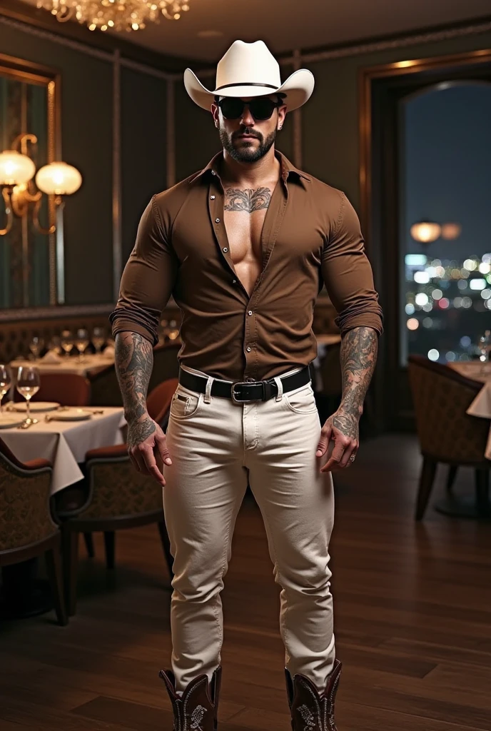 Fullbody standing picture of white Handsome muscular nude horny sexy gay man wearing skinny tight shiny cream latex tights with latex suit, shiny light brown glued hair Disconnected Pompadour oiled hair style, very big golden neck chain, shiny varnished brown shoes, brown belt, red lip, six pack, tattoos, horny, cum shot, sperm, milking penis, very big penis, very big testicle, shiny oiled skin, orgasm, oversexed, masturbation, standing at white lighting show room.