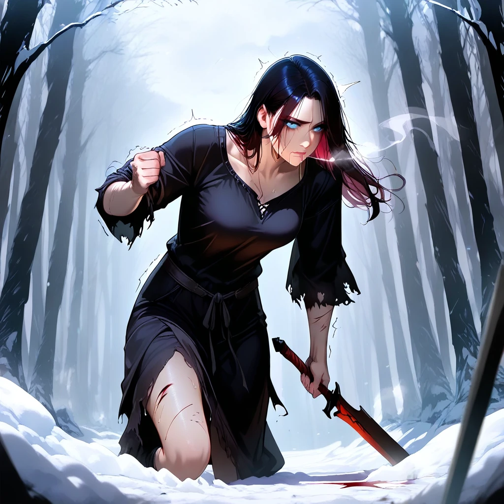 A girl wearing a hockey mask with a machete, piercing blue eyes, bloodied lips, and a sinister smile, surrounded by a dark and eerie forest. She is dressed in a tattered and dirty white dress, with long, tangled black hair covering half of her face. The scene is set during a stormy night, with thunder and lightning illuminating the scene. The girl stands in a haunting pose, holding the machete in one hand and raising it high in the air. The atmosphere is filled with suspense and fear, as if she is about to strike her next victim.

The artwork should be created in a hyper-realistic style, using high-resolution techniques to capture every detail of the girl's face, dress, and the surrounding forest. The colors should be desaturated, with a cold and gloomy tone, enhancing the horror theme. Studio lighting should be used to add depth and highlight the details of the girl's face and the forest. The overall image quality should be of the highest standard, producing a 4K or 8K masterpiece that showcases extreme detail and realism.

In summary, the prompt should include the following tags: 
- female Jason Voorhees
- hockey mask
- machete
- piercing blue eyes
- bloodied lips
- sinister smile
- dark and eerie forest
- tattered and dirty white dress
- long tangled black hair
- stormy night
- thunder and lightning
- haunting pose
- suspense
- fear
- hyper-realistic style
- high-resolution techniques
- desaturated colors
- cold and gloomy tone
- studio lighting
- 4K or 8K quality
- extreme detail and realism

Remember to arrange the tags in order of importance and separate them with commas.